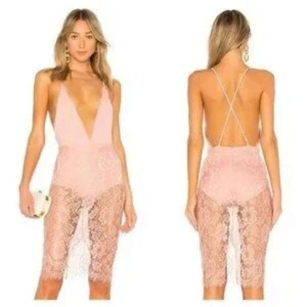 Michael Costello Blush Pink Lace Plunge Midi Dress